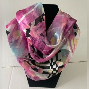 Scarf 21”x21” Semi Sheer Satin Stripe Multi Color Vibrant Pinks and Black Check